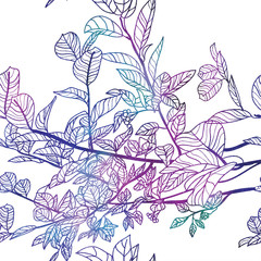 Seamless colorful pattern with branches , leaves and berries . Cute background . Organic , natural.