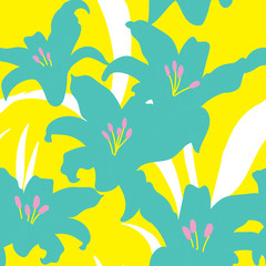 Seamless pattern with lilies . Vector freehand drawing . Tropical plants and flowers. Texture watercolor paint.