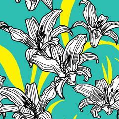Seamless pattern with lilies . Vector freehand drawing . Tropical plants and flowers.  Texture watercolor paint.