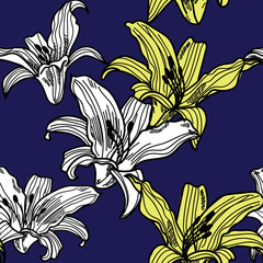 Seamless pattern with lilies . Vector freehand drawing . Tropical plants and flowers.  Texture watercolor paint.