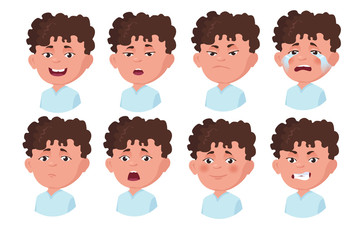 Boy, teenager, child. Set of human emoji. European, brunette, character isolated on white background.