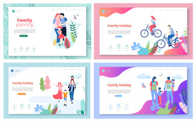 Family holiday. Parents with children spend summer weekend in park, hiking, ride bicycles.