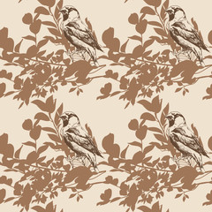 Seamless pattern with leaves and birds . Stylish freehand drawing .