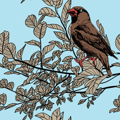 Seamless pattern with leaves and birds . Stylish freehand drawing .