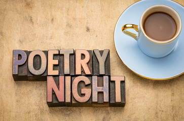poetry night word abstract in wood type - obrazy, fototapety, plakaty