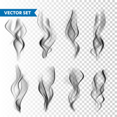 Realistic cigarette smoke set isolated on transparent background. Vector vapor in air, steam flow. Fog, mist effect.