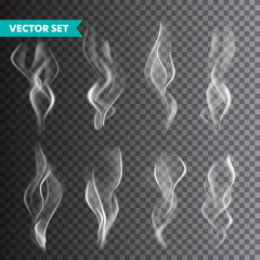 Realistic cigarette smoke set isolated on transparent background. Vector vapor in air, steam flow. Fog, mist effect.