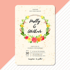 wedding invitation with beautiful flower watercolor wreath
