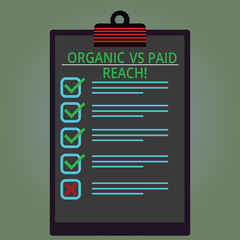 Writing note showing Organic Vs Paid Reach. Business photo showcasing Increasing followers naturally or by paying for it Lined Color Vertical Clipboard with Check Box photo Blank Copy Space