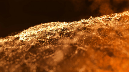 Abstract background with moving and flickering floating particles. Shimmering glittering golden...