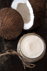 Coconut yogurt and coconut. Vegan yogurt. Keto diet.