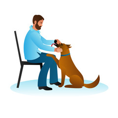 A young man sits on a chair and strokes a big kind dog sitting at his feet. Hipster guy strokes the pet's face, a red-haired Belgian Shepherd dog Malinois. Template flat vector illustration.