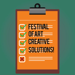 Text sign showing Festival Of Art Creative Solutions. Conceptual photo Creativity innovative ideas inventions Lined Color Vertical Clipboard with Check Box photo Blank Copy Space