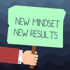 Text sign showing New Mindset New Results. Conceptual photo Open to Opportunities No Limits Think Bigger Hu analysis Hand Holding Blank Colored Placard with Stick photo Text Space