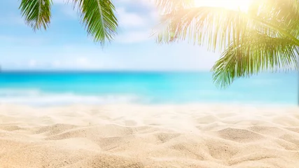 Fotobehang Zonnig tropisch Caribisch strand met palmbomen en turquoise water, eilandvakantie, warme zomerdag © Mariusz Blach