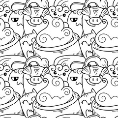 Doodle hand-drawn cartoon with smiles and taste, coffee shop theme seamless pattern