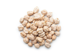 Pile of chickpeas isolated on white background. Top view.