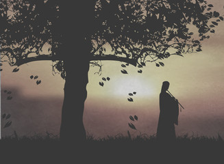 An Ancient Chinese Beauty Playing A Chinese Flute Under The Sunset © lisheng2121