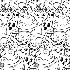 Doodle hand-drawn cartoon with smiles and taste, coffee shop theme seamless pattern