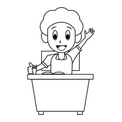 Kid seated in school desk in black and white