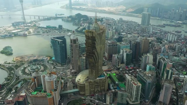 sunny day macau city famous hotel area bay aerial panorama 4k china