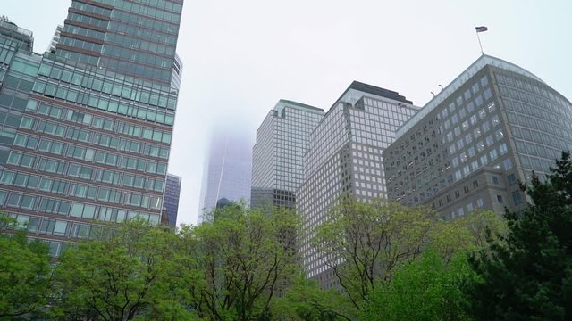 Skyscrapers at downtown at Manhattan in rain in New York