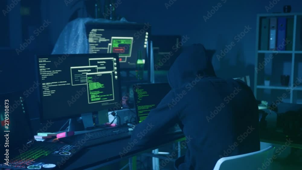 Poster surprised computer hacker arrested at internet crime at night. portrait of criminal looking under fl