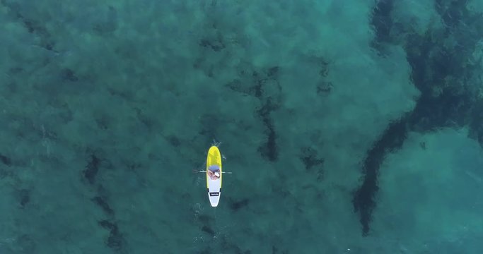 Aerial view of a young pretty girl paddling in the sea on her stand up paddle boards (SUP)