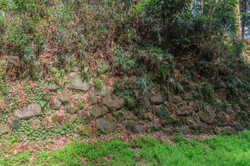 Obraz premium 春の箕輪城の御前曲輪西堀の石垣の風景