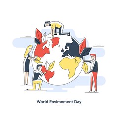 Flat linear concept World Environment Day, People prepare for the day of the Earth, the hour of the Earth, the concept of the Earth day.