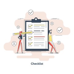 Woman holding a pencil completing checklist on clipboard. Business concept. Clipboard with checklist icon. Illustration of clipboard with checklist for web