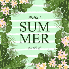 summer background with tropical foliage frame