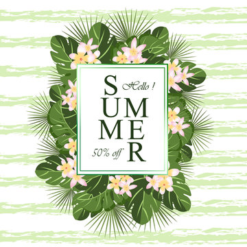 green floral frame with summer flowers and tropical foliage