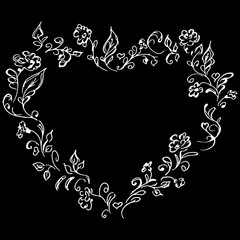 Wreath of roses or peonies flowers in form of heart. Foral frame design elements for invitations, greeting cards. Hand drawn vector illustration. Line art. Outline