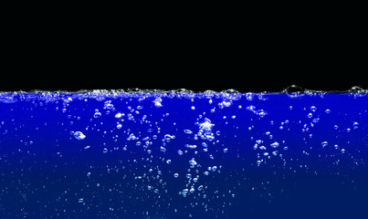 Naklejka na ściany i meble blue water with air bubbles water on black background.