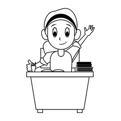 Kid seated in school desk in black and white