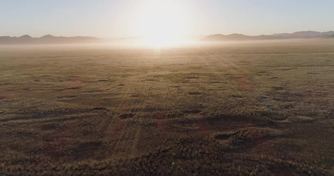 4K aerial fly over sunset view of the Koakoland savannah region of the Namib desert showing the famous fairy circles, Namibia