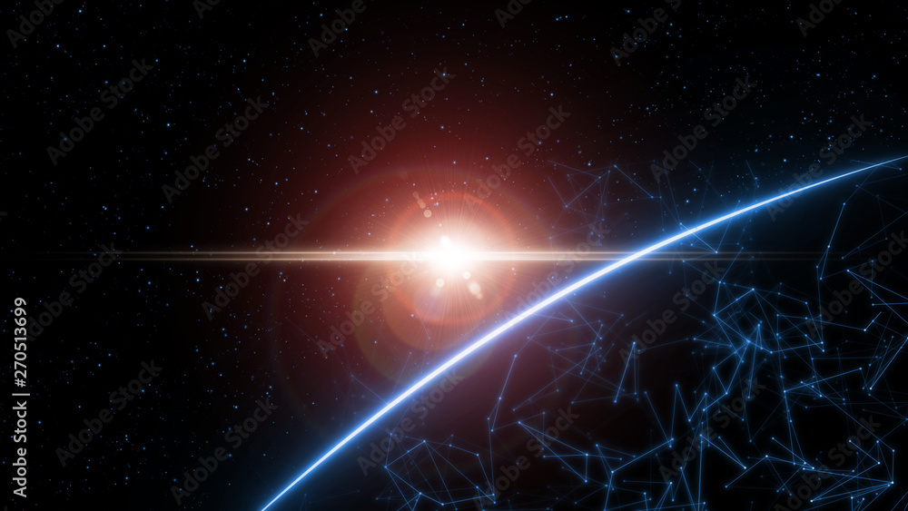 Poster 3d rendering of earth from space with run rising at horizon among glowing stars in galaxy with globa