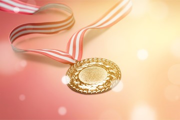 Award Gold Medal with red ribbon on pastel background