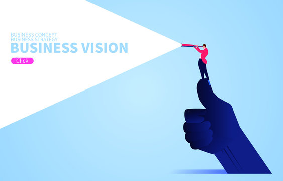 Business vision concept, businessman standing on giant's thumb using telescope to look into the distance