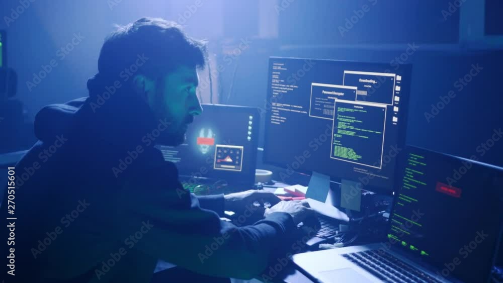 Poster profile of stressed hacker trying a virus attack on corporate servers in dark place. night hacking f