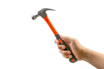 Hand holding hammer isolate on white. Selective focus
