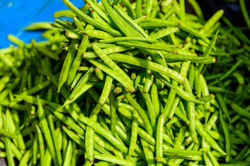 Pile of green beans on the day market. Indian vegetables.