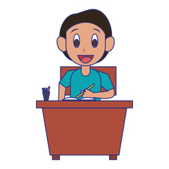 Kid seated in school desk blue lines