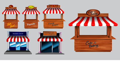 Wooden market stand stall and various kiosk, with red and white striped awning   isolated (fast food, vegetable, fresh fruit, barber shop, handycraft centre,   cake bakery). easy to modify