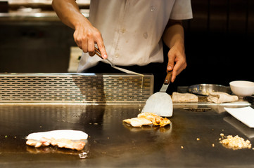 Teppanyaki cooking live at nice Japanese restaurant in Bangkok Thailand