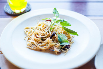 eating healthy food: delicious spicy spaghetti anchovy