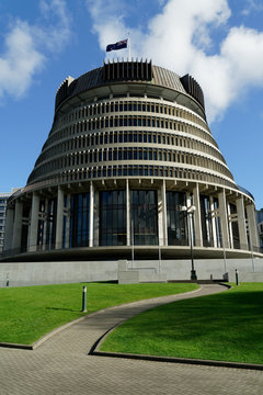 The Beehive - New Zealand parliament building on a sunny day in Wellington.