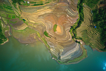 Aerial image of rice terraces in Sang Ma Sao, Y Ty, Vietnam