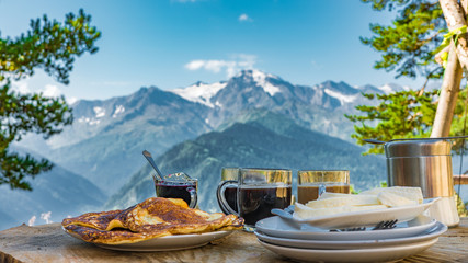 Perfect breakfast with pancakes and mountain view